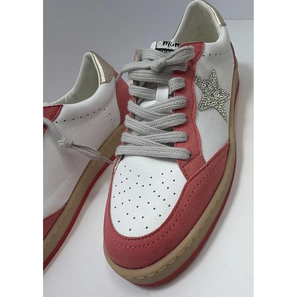 Mimi Women's Avery Leather Sneaker White/Salmon Pink with Sparkly Star Size 9